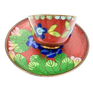 Antique Chinese Cloisonne Cup And Plate Red w Blue Dogwood Pink Lotus Pattern